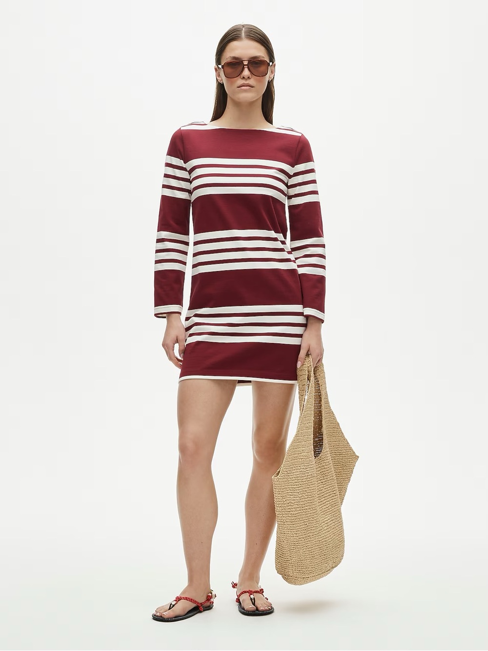 NWT J. Crew Burgundy and White Striped Long-Sleeve Shift Dress